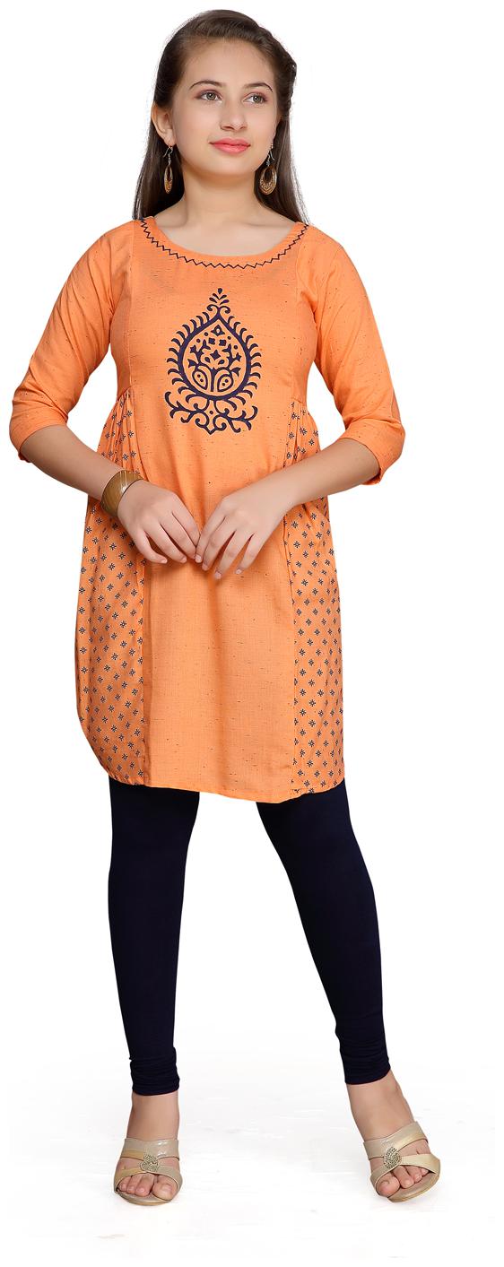 

Aarika Girl s Cotton Printed 3 4th sleeves Kurti salwar set - Blue Orange