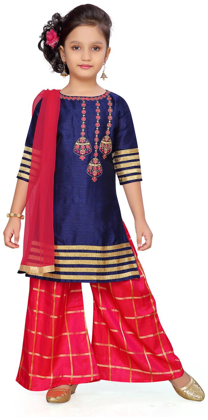 

Aarika Girl s Net Self design 3 4th sleeves Kurti salwar set - Blue Pink
