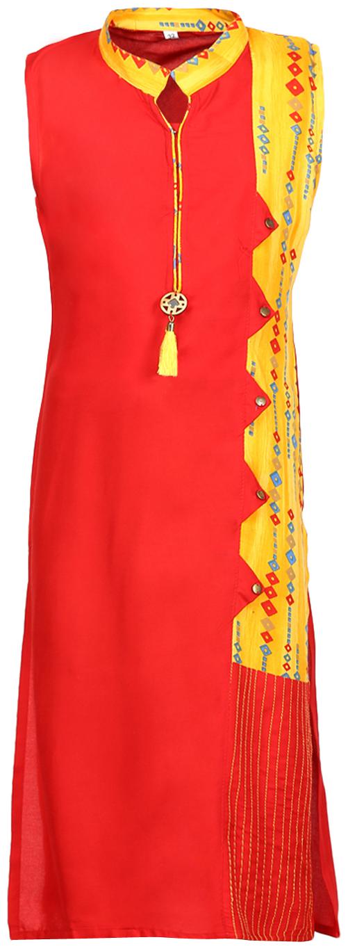 

Aarika Girl s Cotton Self design Sleeveless Kurta kurti - Red