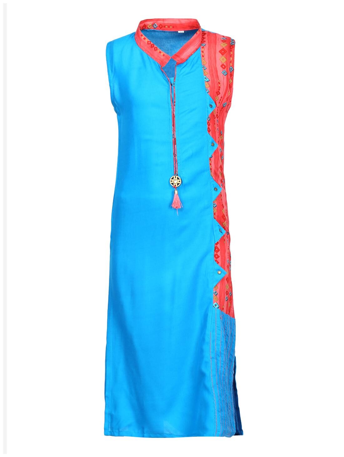 

Aarika Girl s Cotton Self design Sleeveless Kurta kurti - Blue