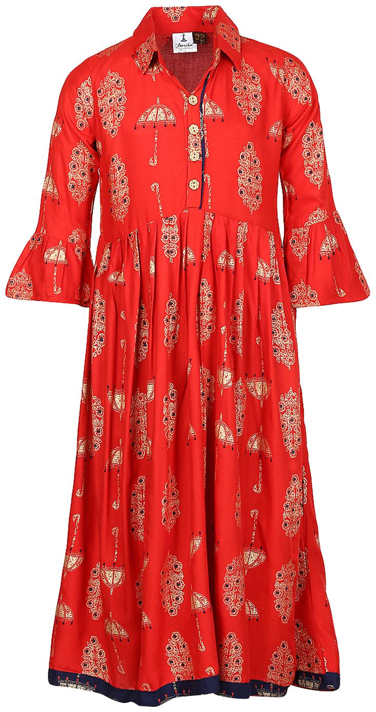 

Aarika Girl s Cotton Printed 3 4th sleeves Kurta kurti - Red