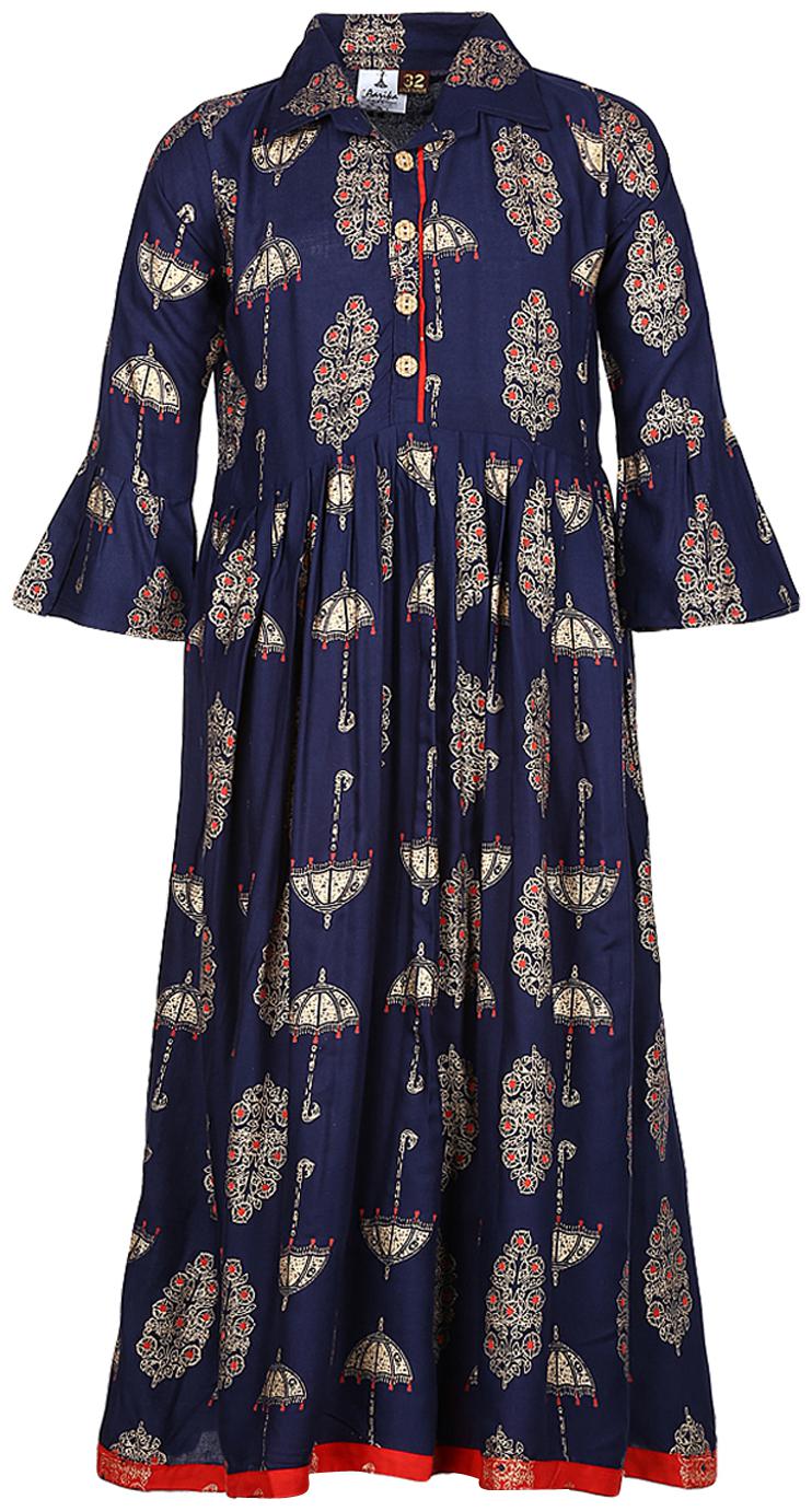 

Aarika Girl s Cotton Self design 3 4th sleeves Kurta kurti - Blue