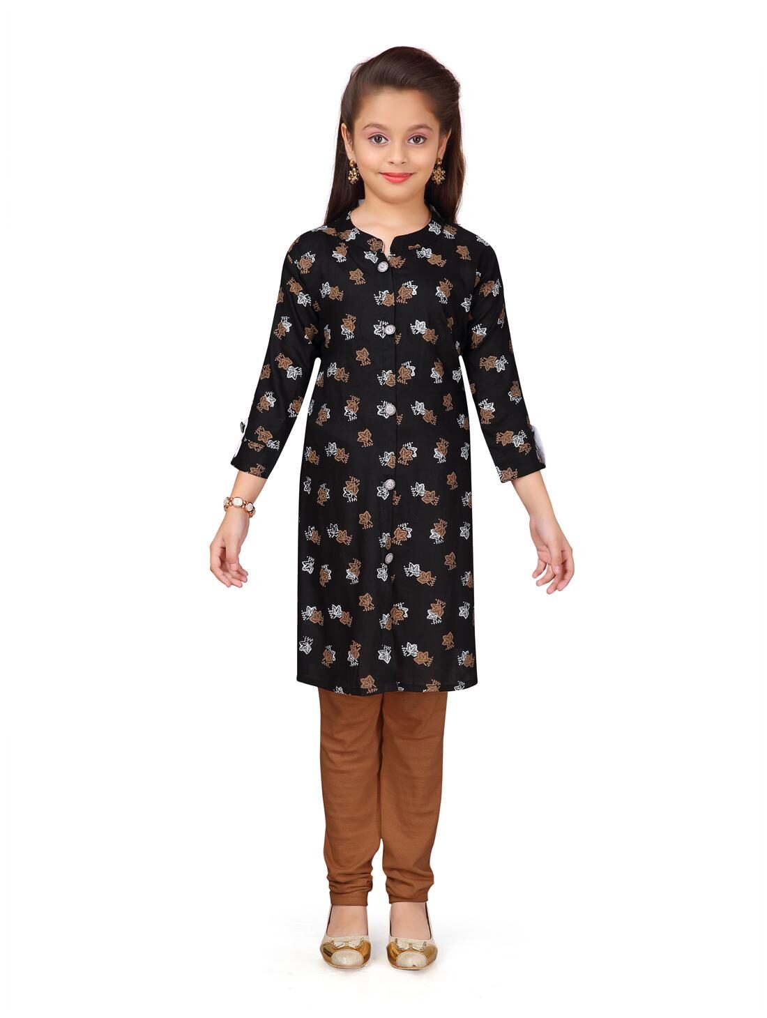 

Aarika Girl s Cotton Floral 3 4th sleeves Kurti salwar set - Brown Blue