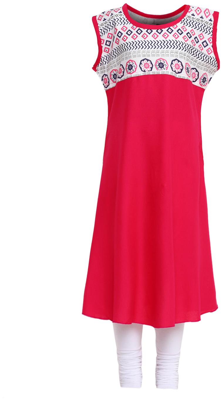 

Aarika Girl s Cotton Self design Sleeveless Kurti salwar set - Pink
