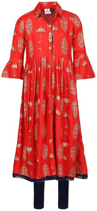 Aarika Girl's Cotton Printed 3/4th sleeves Kurti & salwar set - Red