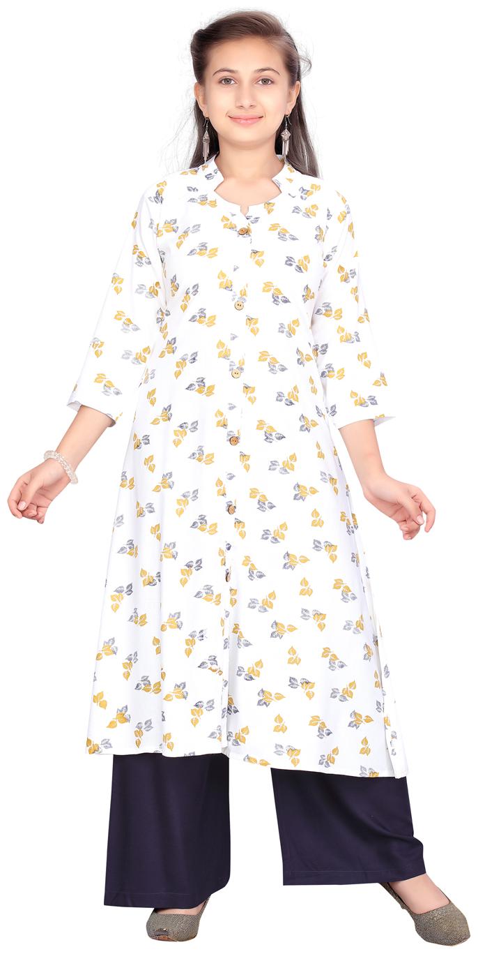 

Aarika Girl s Cotton Floral 3 4th sleeves Kurti salwar set - White