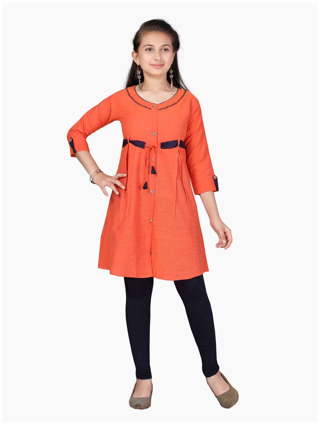 

Aarika Girl s Cotton Solid 3 4th sleeves Kurta kurti - Orange