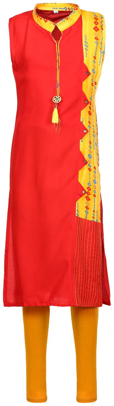 

Aarika Girl s Cotton Printed Sleeveless Kurti salwar set - Red