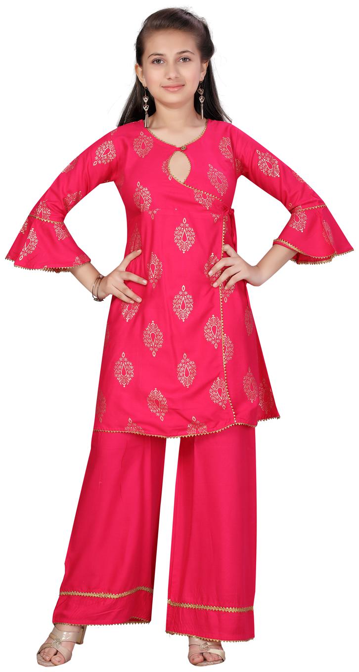 

Aarika Girl s Cotton Printed 3 4th sleeves Kurti salwar set - Pink
