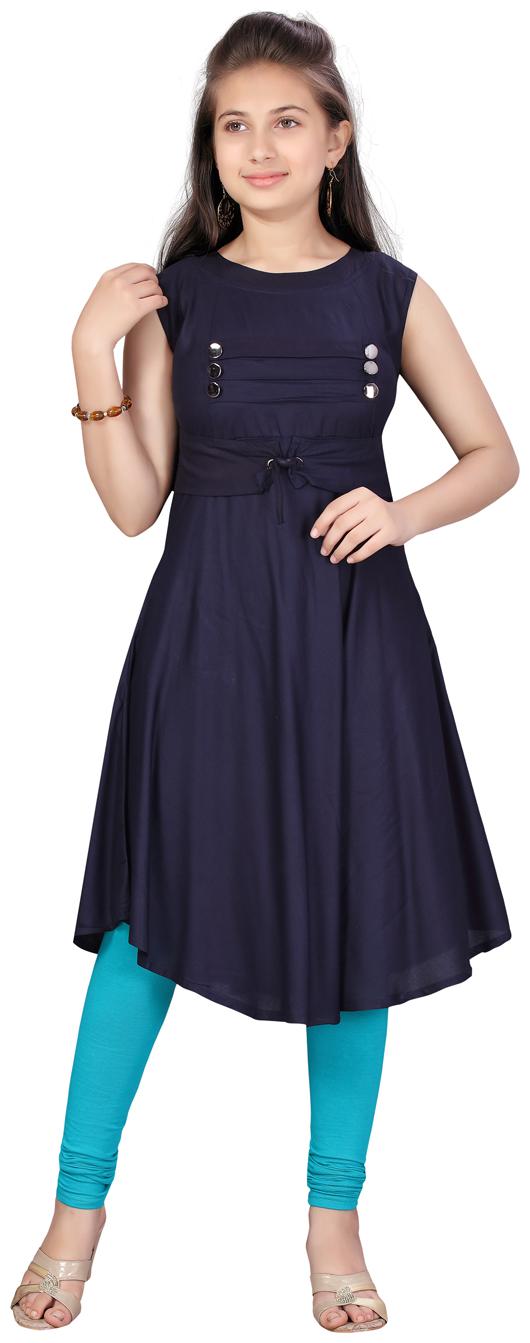 

Aarika Girl s Cotton Solid Sleeveless Kurta kurti - Blue