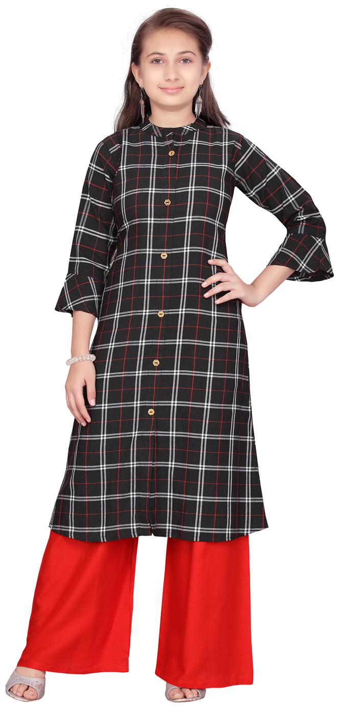 

Aarika Girl s Cotton Checked 3 4th sleeves Kurti salwar set - Black