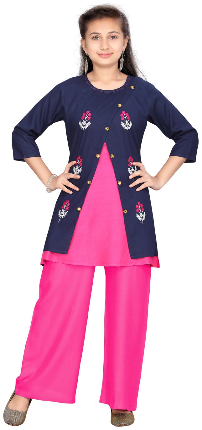 

Aarika Cotton Blue Embroidered Kurti Salwar Set For Girl