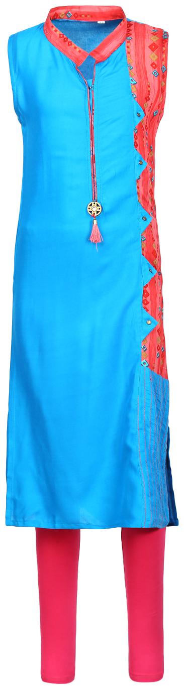 

Aarika Girl s Cotton Printed Sleeveless Kurti salwar set - Blue
