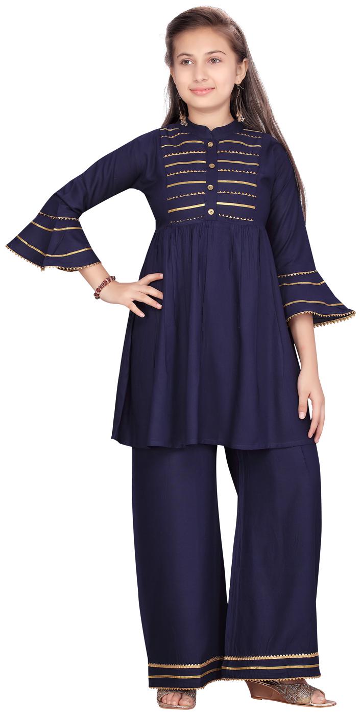 

Aarika Cotton Blue Striped Kurti Salwar Set For Girl