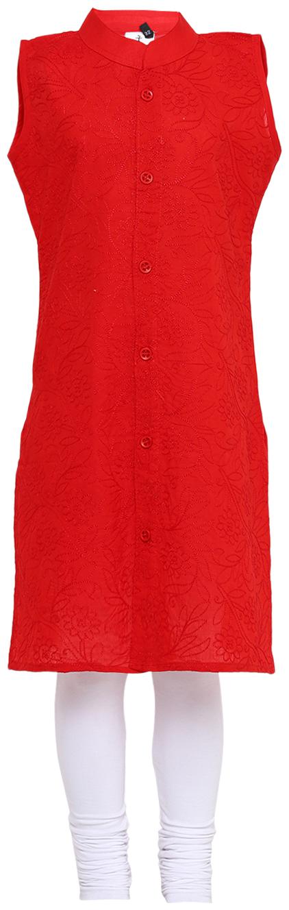

Aarika Girl s Cotton Self design Sleeveless Kurti salwar set - Red