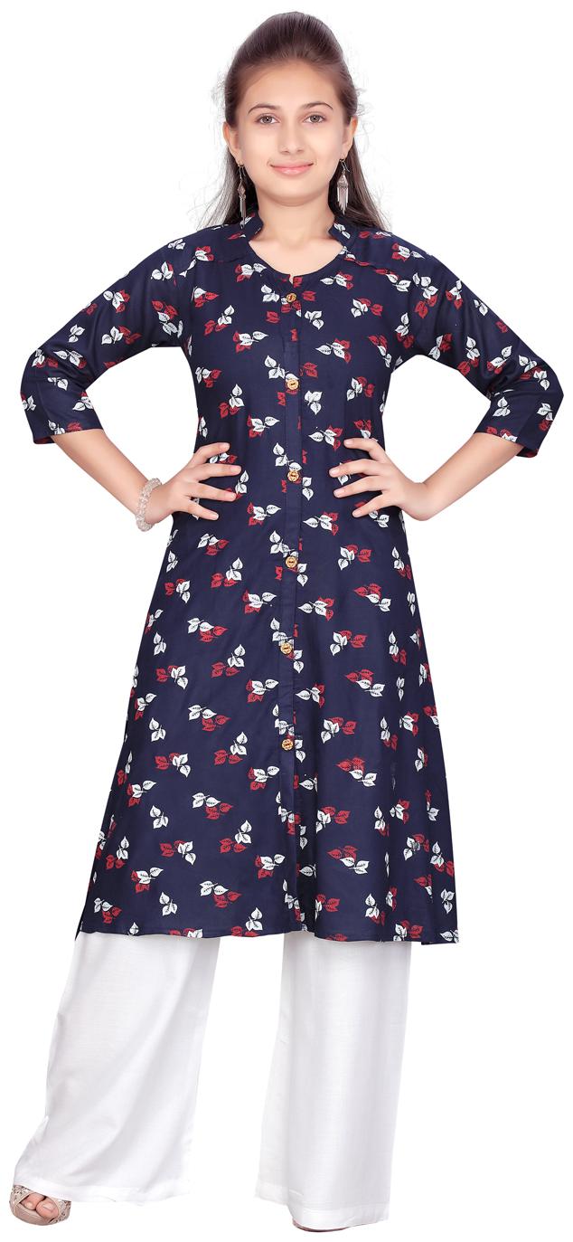 

Aarika Girl s Cotton Floral 3 4th sleeves Kurti salwar set - Blue
