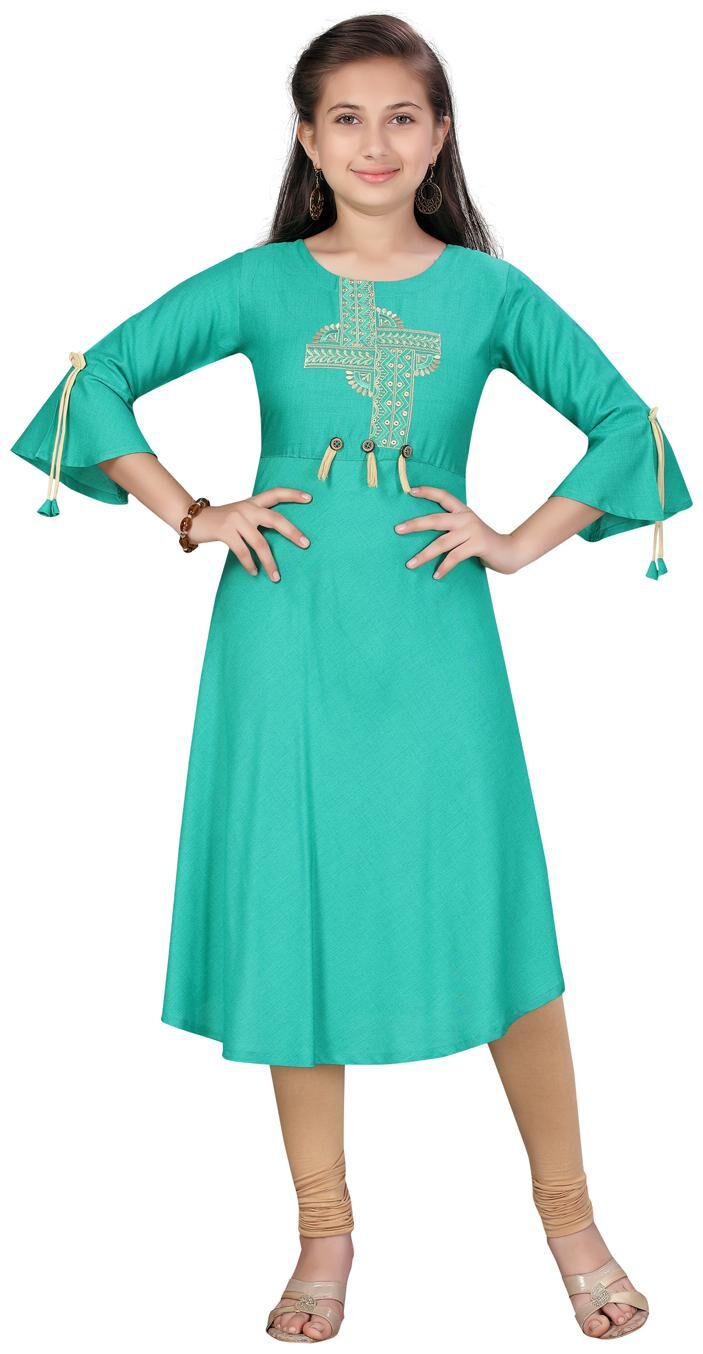 

Aarika Cotton Embroidered Green Color Kurti For Girl