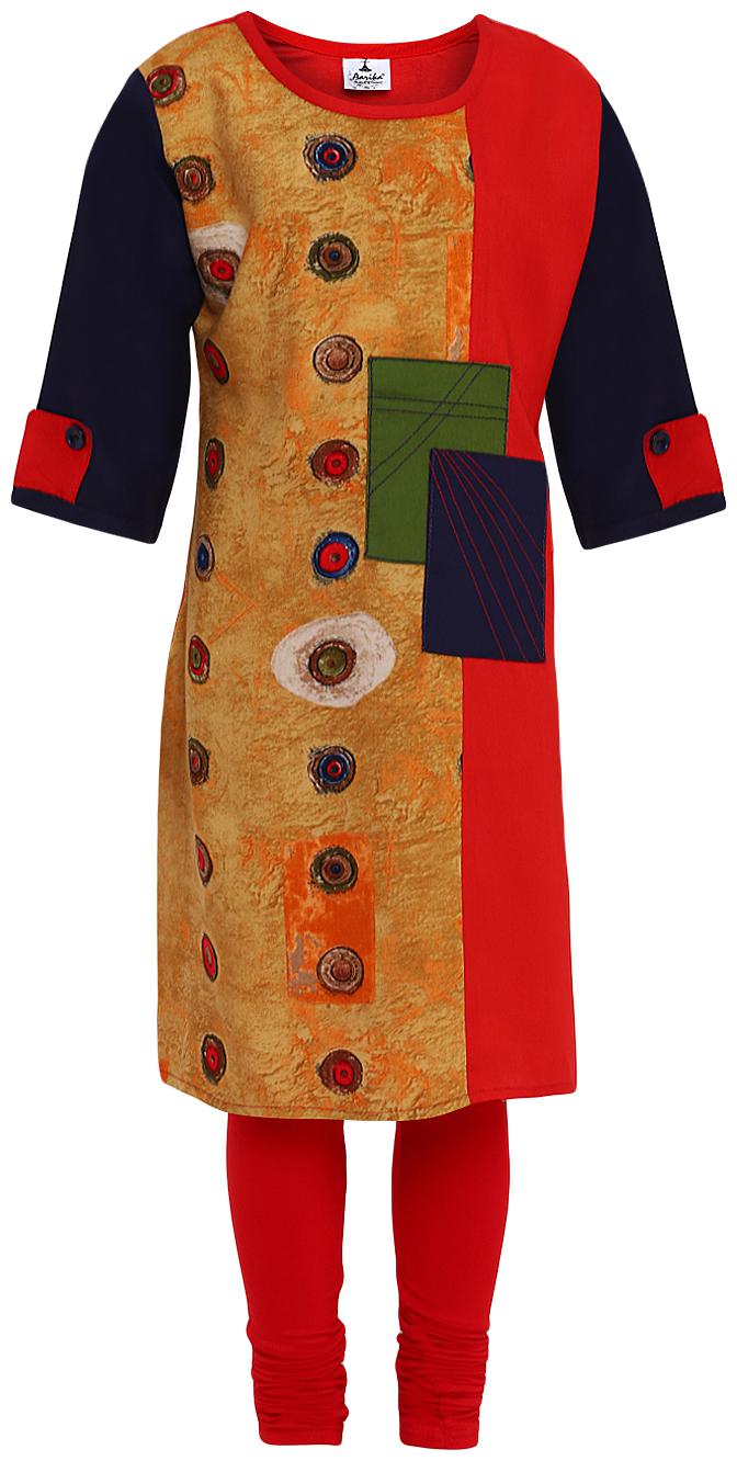 

Aarika Girl s Cotton Self design 3 4th sleeves Kurti salwar set - Yellow