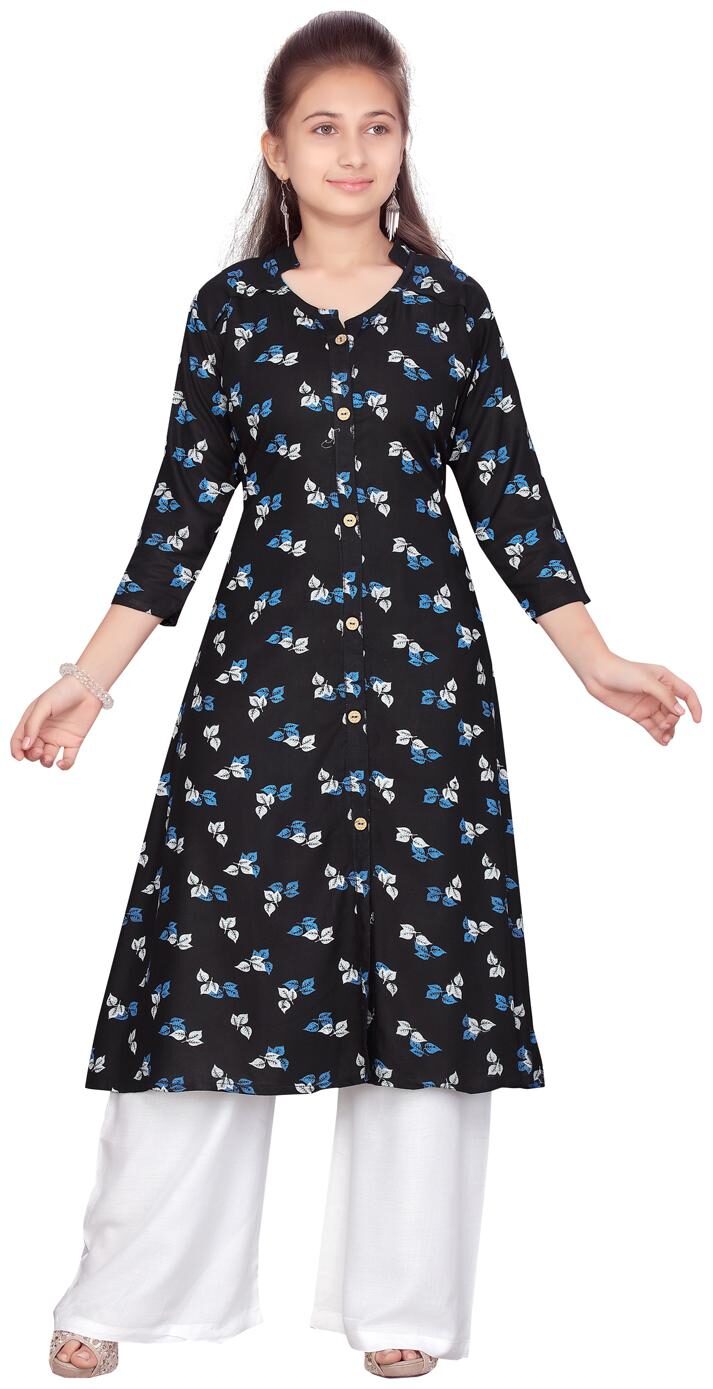 

Aarika Girl s Cotton Floral 3 4th sleeves Kurti salwar set - Blue