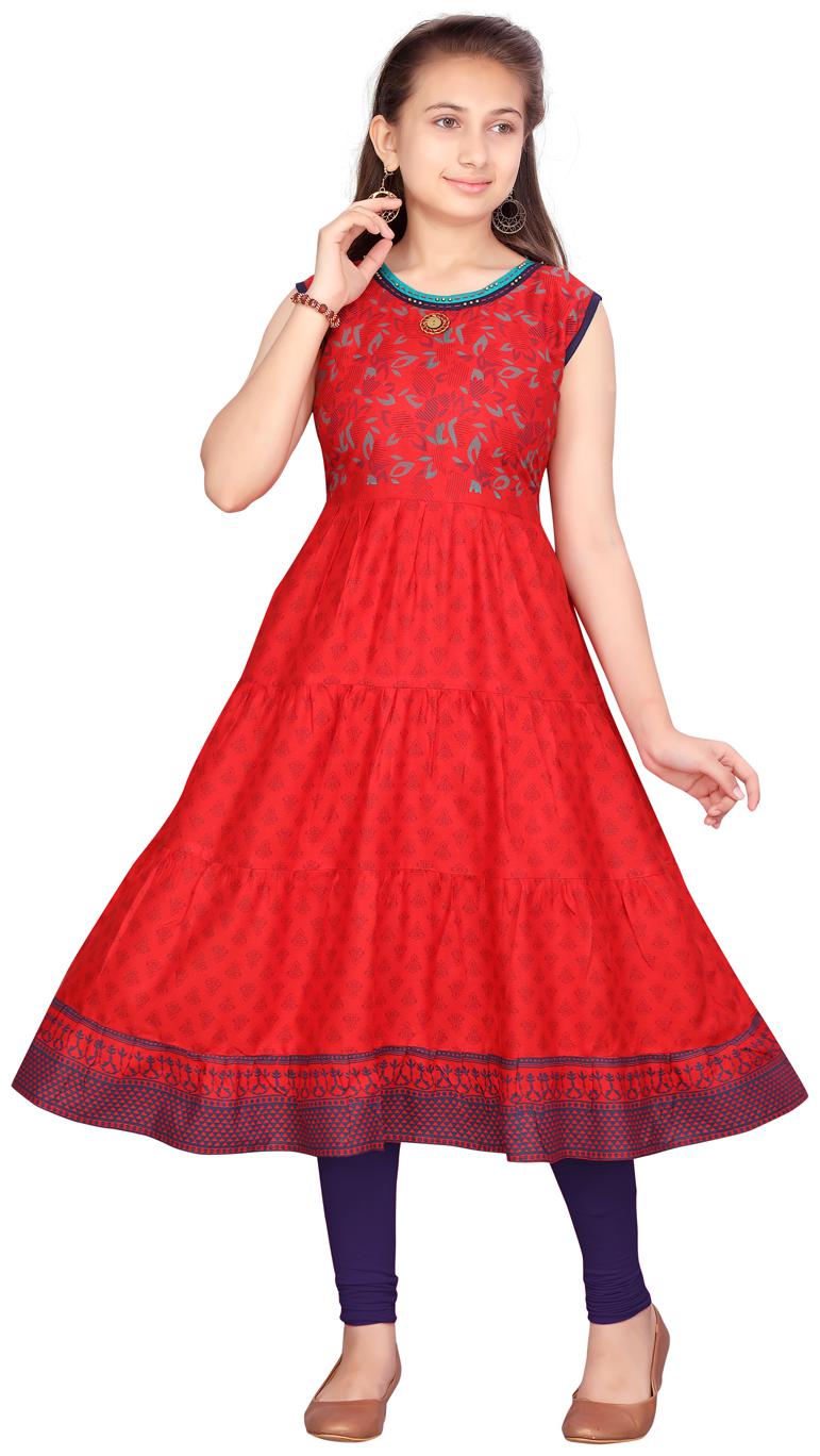 

Aarika Girl s Cotton Printed Sleeveless Kurta kurti - Red