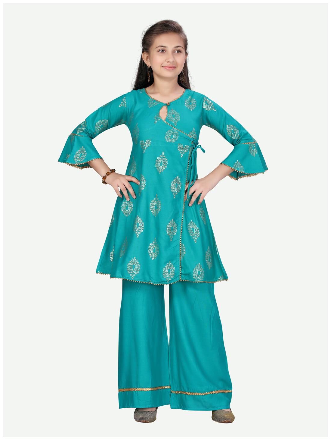 

Aarika Girl s Cotton Printed 3 4th sleeves Kurti salwar set - Green