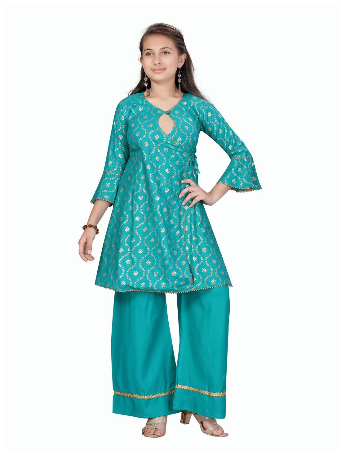 

Aarika Girl s Cotton Printed 3 4th sleeves Kurti salwar set - Green