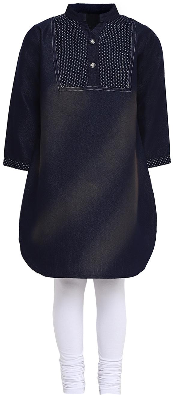 

Aarika Girl s Cotton Self design 3 4th sleeves Kurti salwar set - Blue