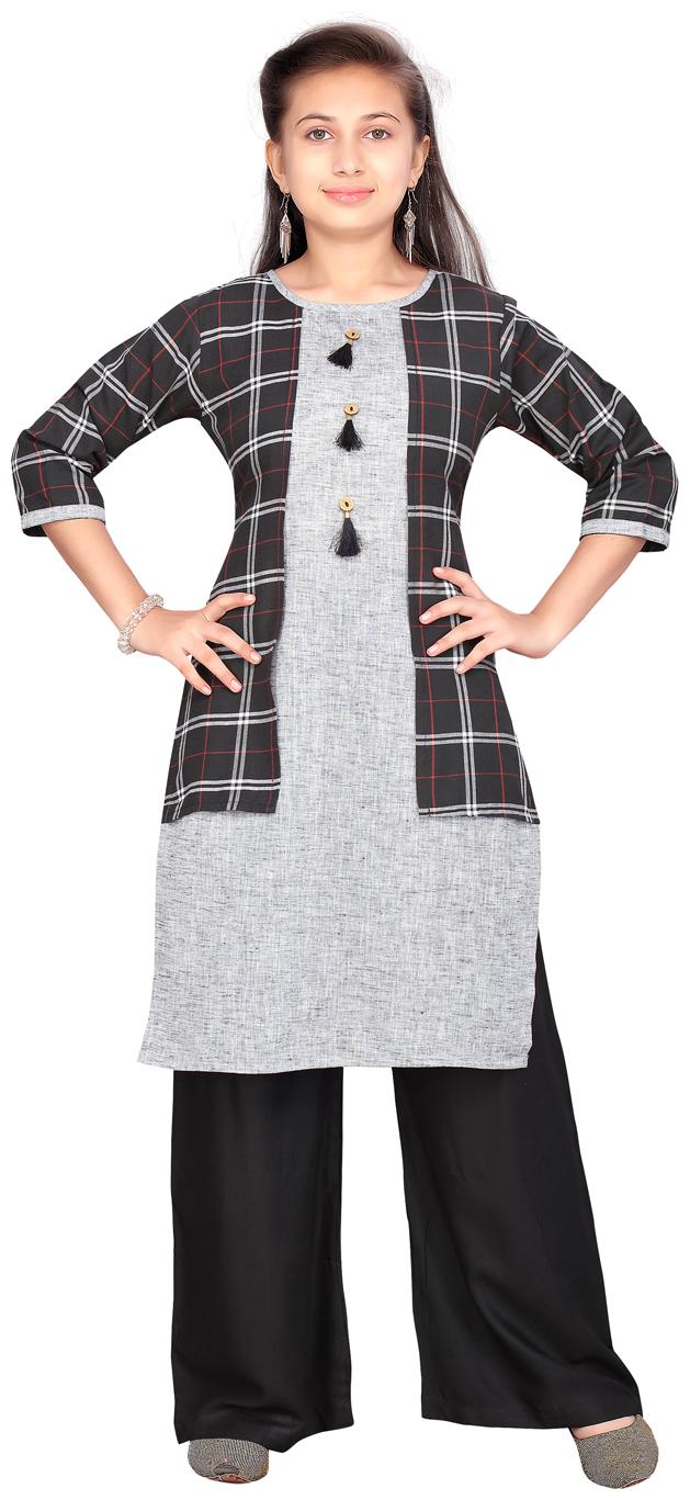 

Aarika Girl s Cotton Checked 3 4th sleeves Kurti salwar set - Black