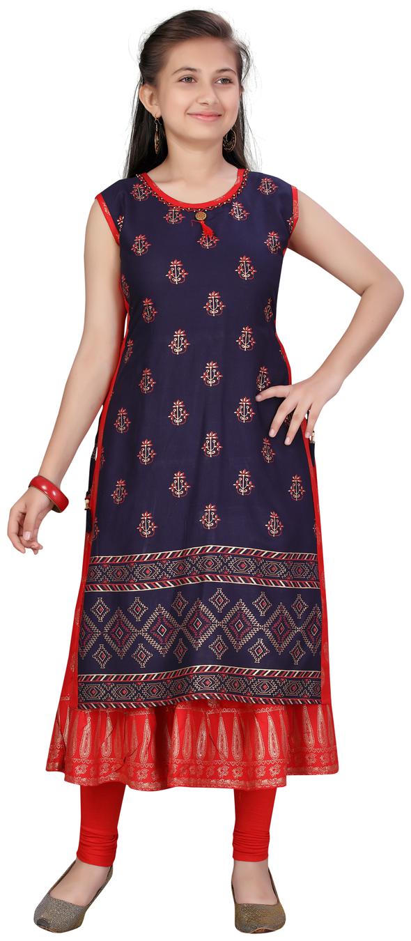 

Aarika Girl s Cotton Printed Sleeveless Kurta kurti - Blue