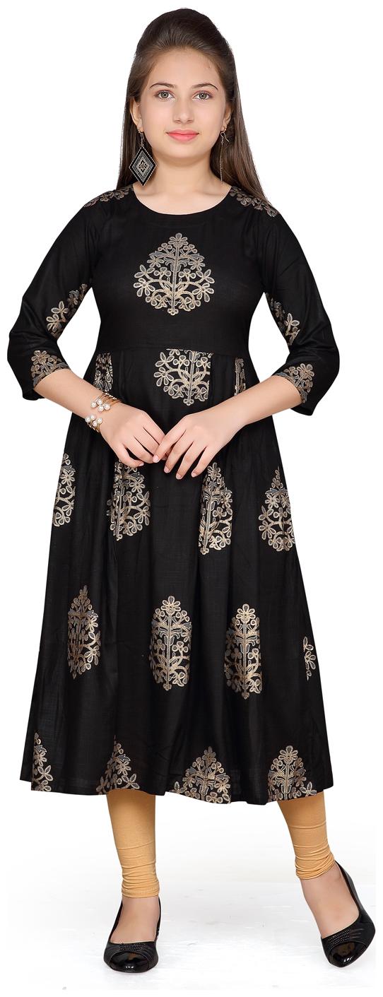 

Aarika Girl s Cotton Printed 3 4th sleeves Kurti salwar set - Beige