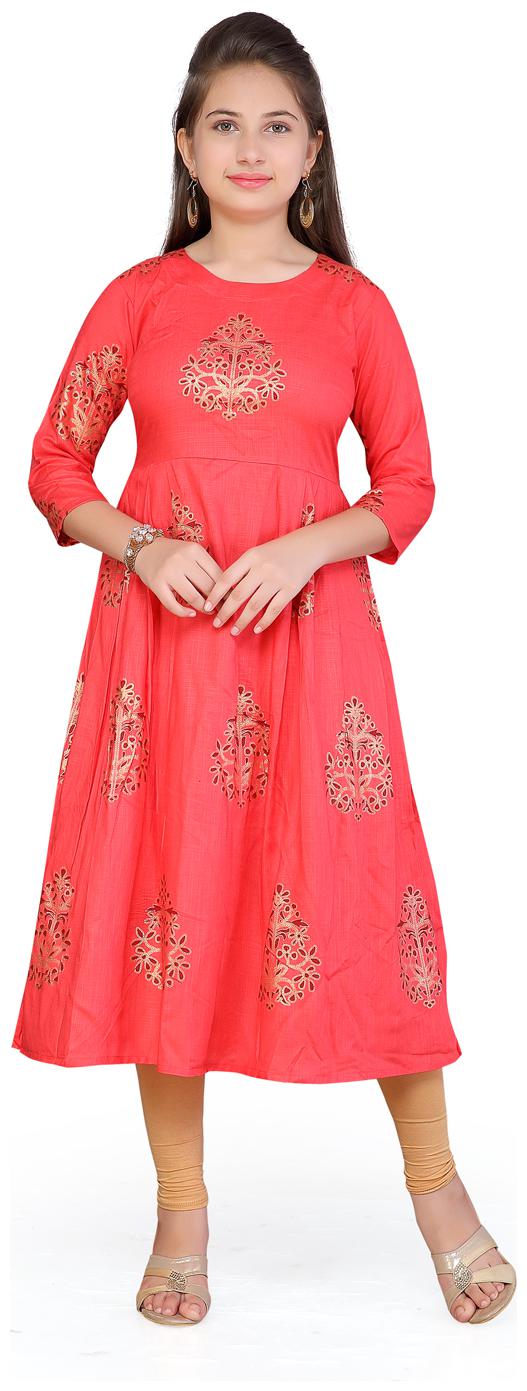 

Aarika Girl s Cotton Printed 3 4th sleeves Kurti salwar set - Beige