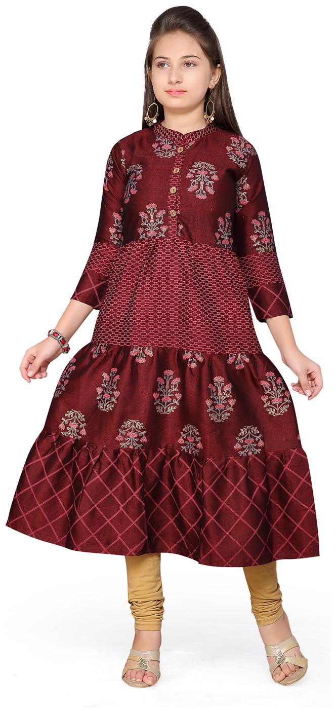 

Aarika Girl s Cotton Self design 3 4th sleeves Kurti salwar set - Maroon