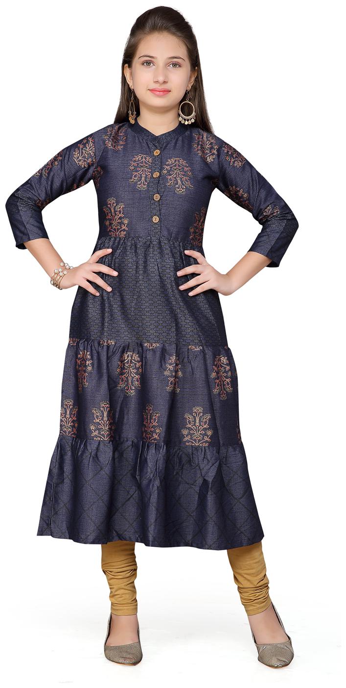 

Aarika Girl s Cotton Self design 3 4th sleeves Kurti salwar set - Blue