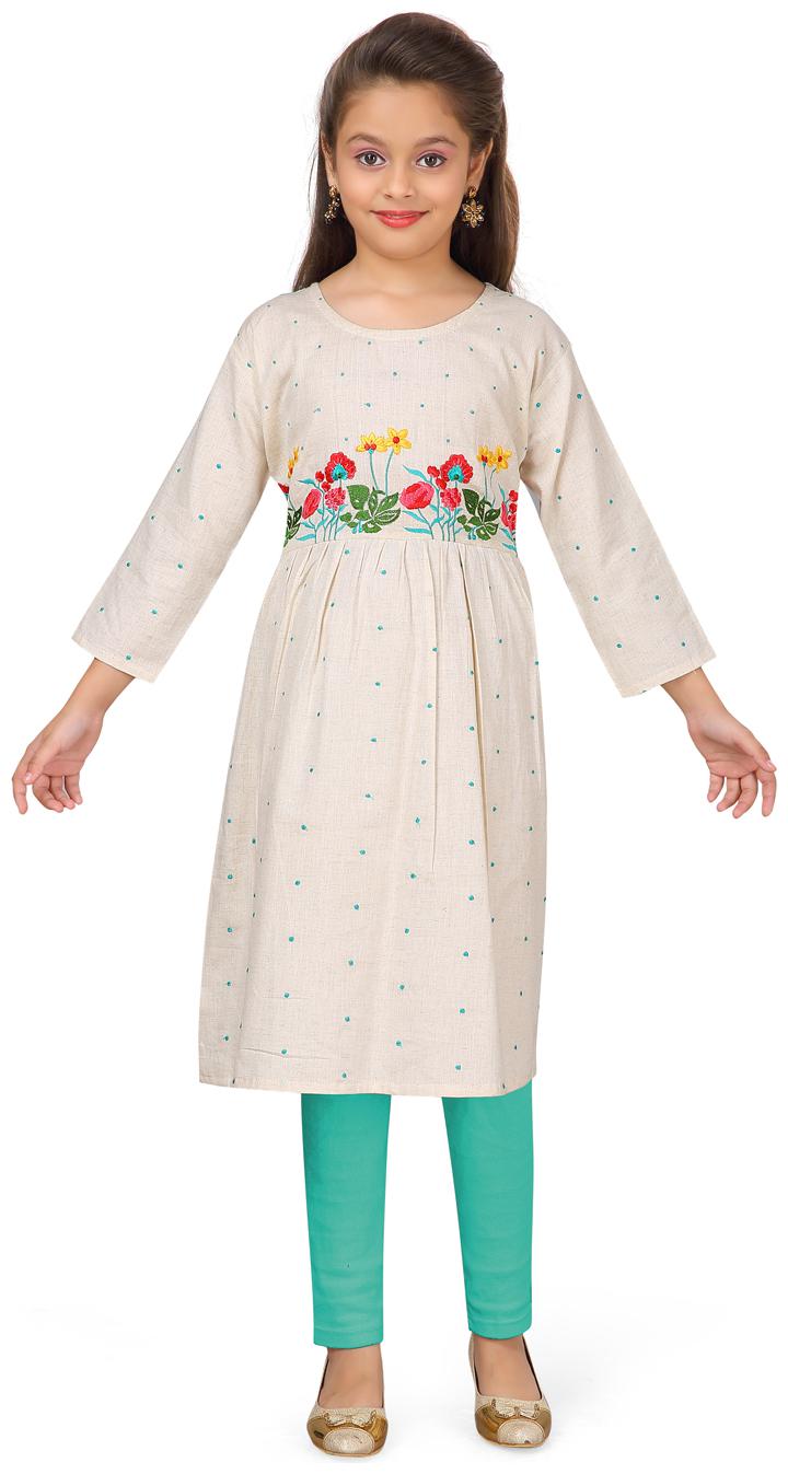 

Aarika Girl s Cotton Self design 3 4th sleeves Kurti salwar set - Blue White