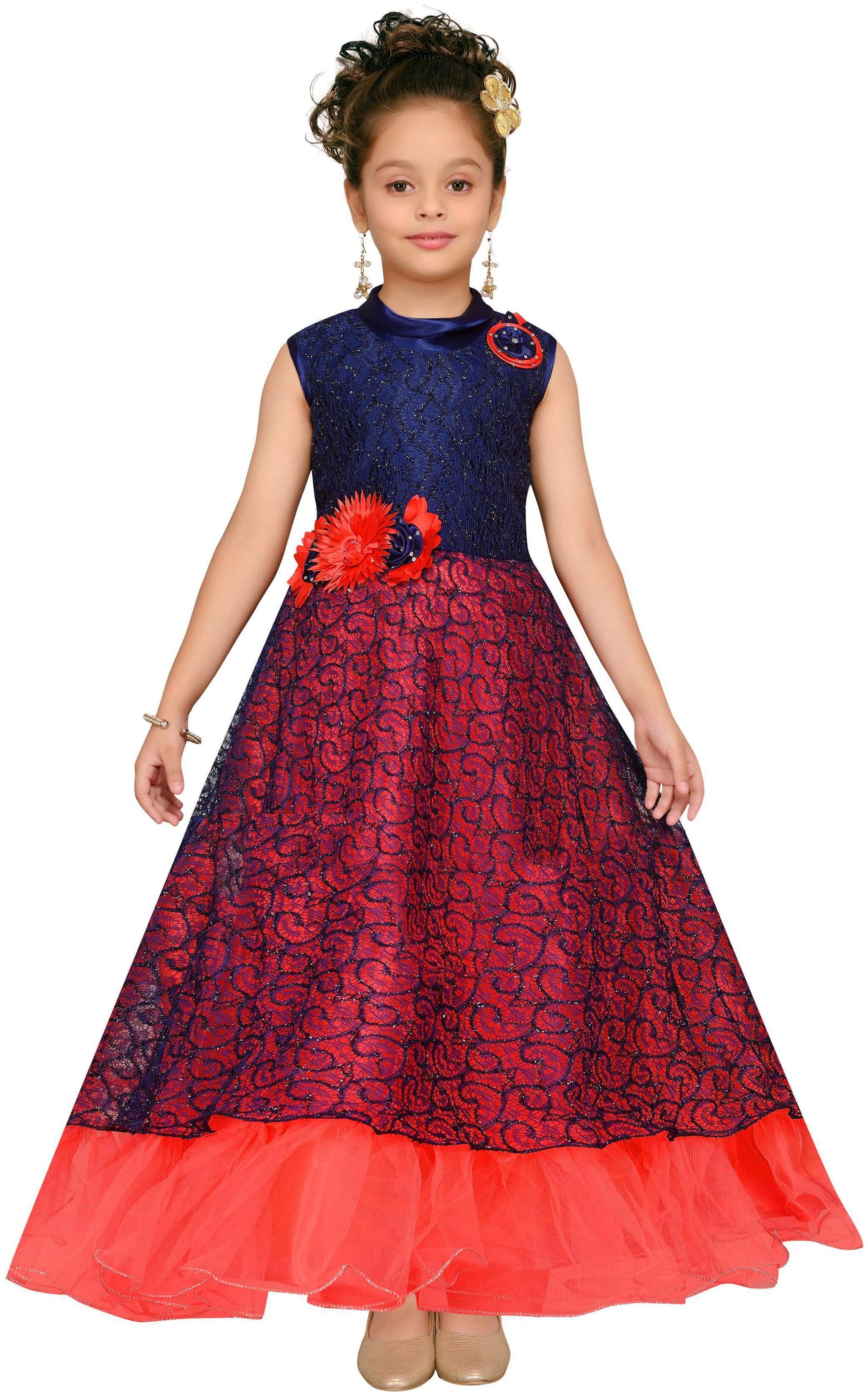 

Aarika Girl s Net Solid Sleeveless Gown - Red