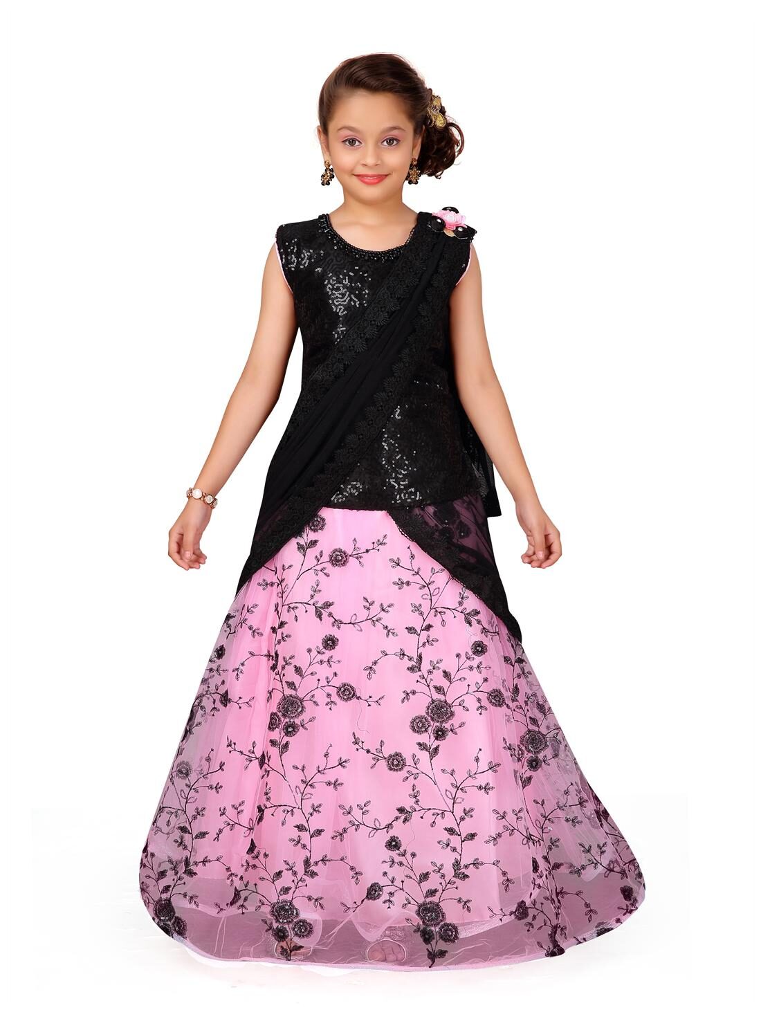 

Aarika Girl s Net Self design Sleeveless Lehenga choli - Black