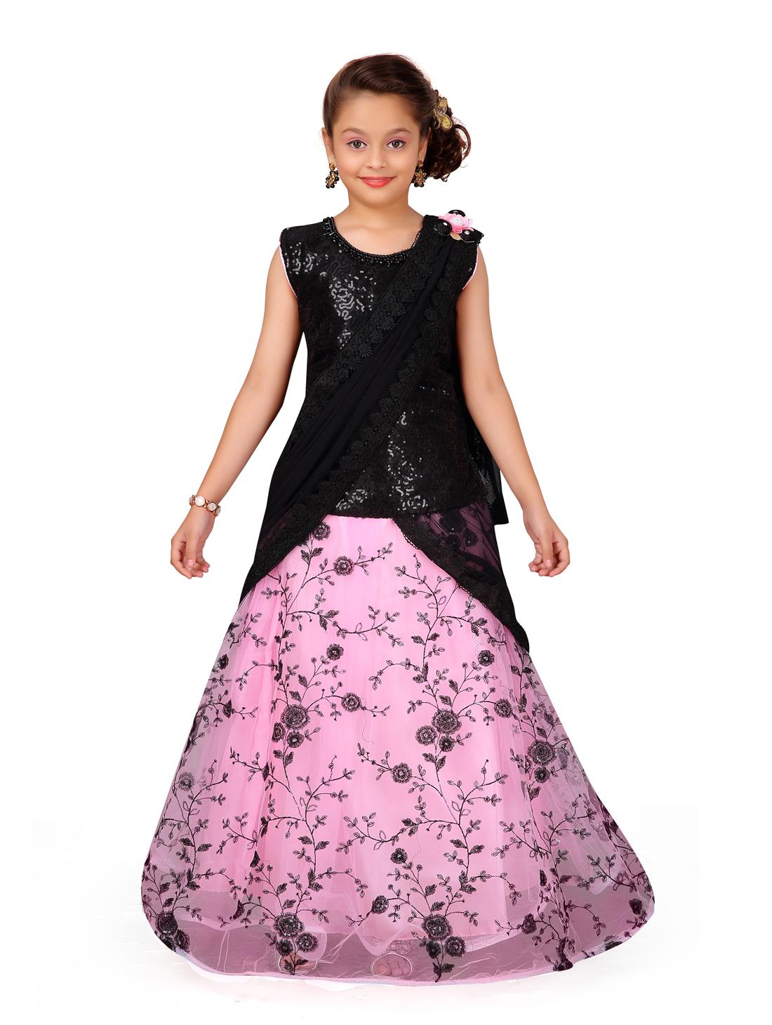 

Aarika Girl s Net Self design Sleeveless Lehenga choli - Black