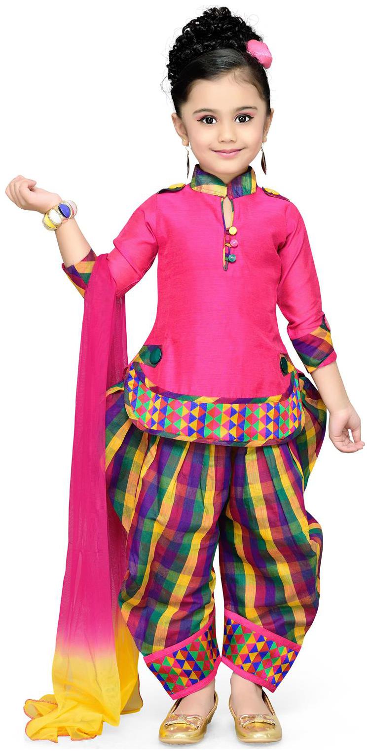 

Aarika Girl s Cotton Checked 3 4th sleeves Kurti salwar set - Pink