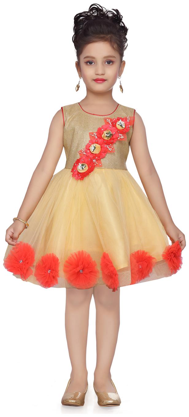 

Aarika Yellow Net Sleeveless Knee Length Princess Frock ( Pack of 1 )