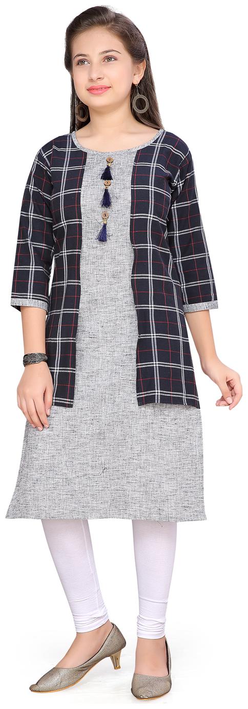 

Aarika Girl s Cotton Checked 3 4th sleeves Kurta kurti - Blue