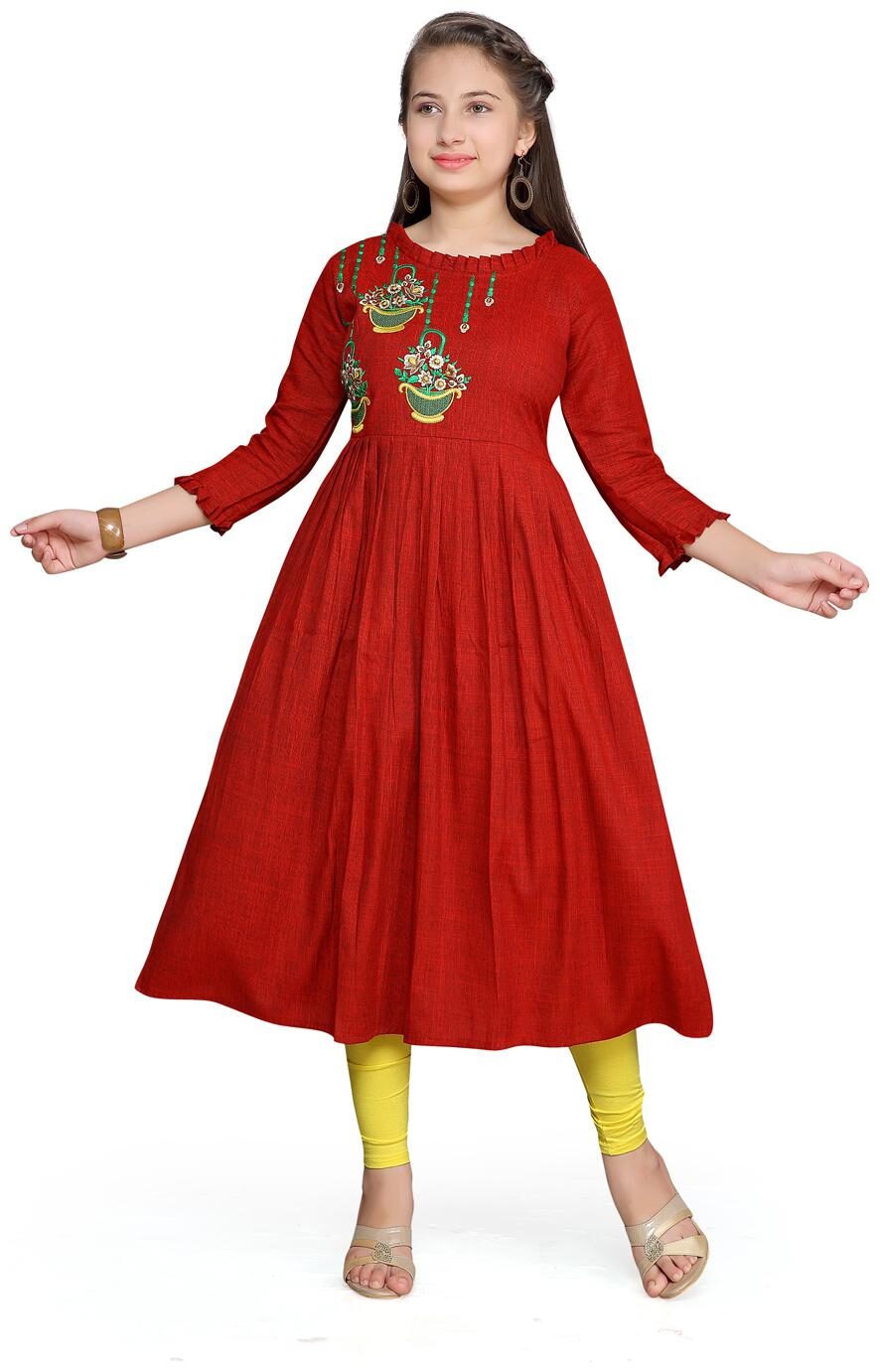 

Aarika Girl s Cotton Printed 3 4th sleeves Kurta kurti - Maroon