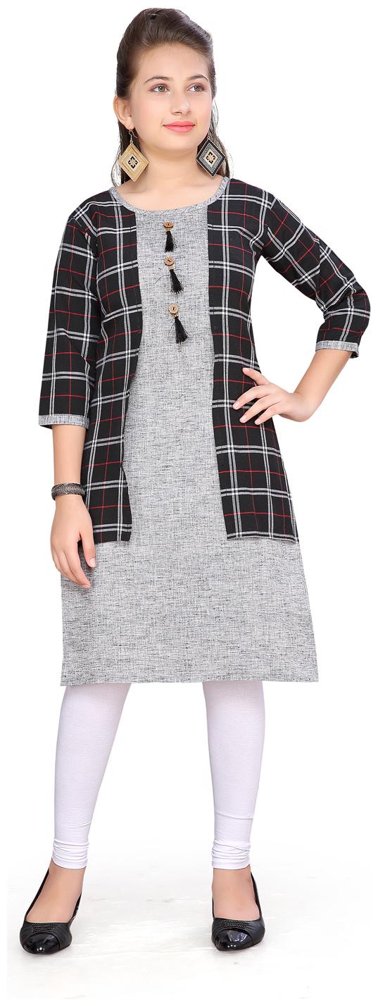 

Aarika Girl s Cotton Checked 3 4th sleeves Kurta kurti - Black