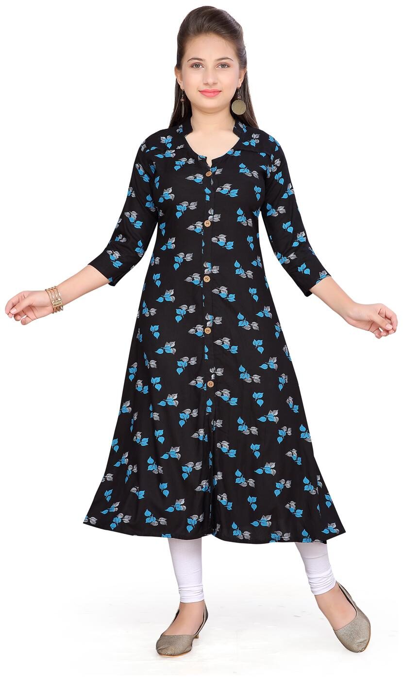 

Aarika Girl s Cotton Floral 3 4th sleeves Kurta kurti - Blue