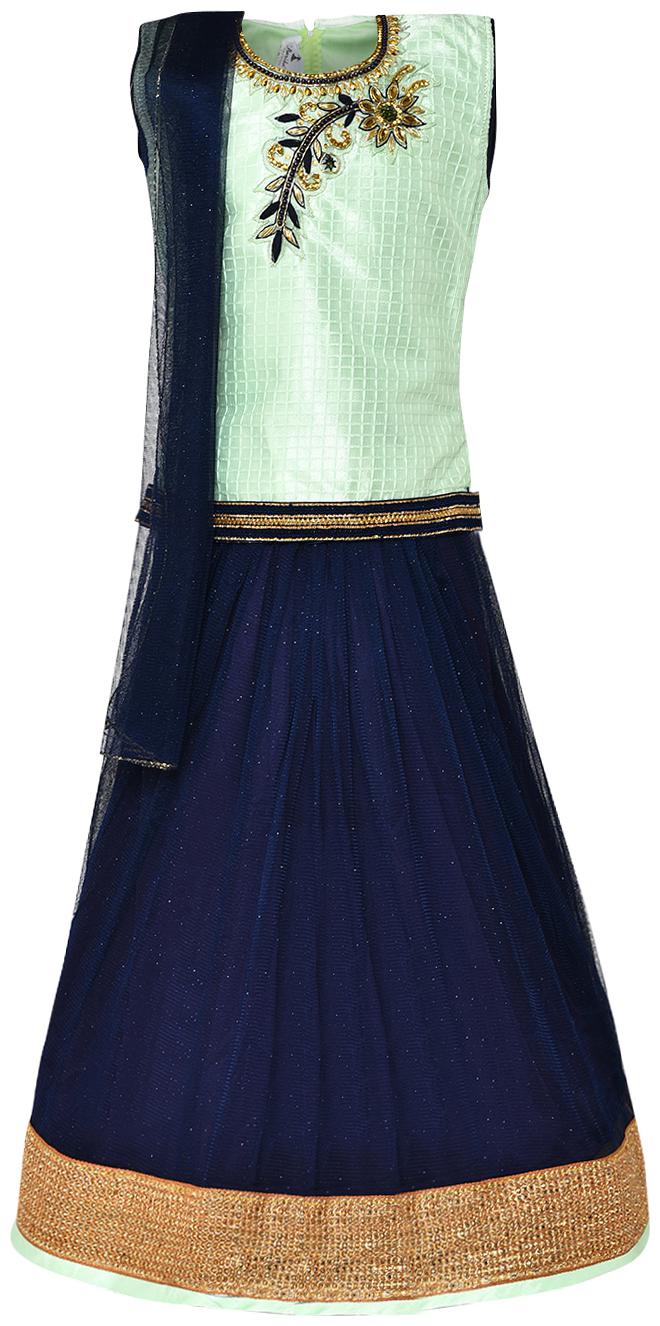 

Aarika Girl s Silk Self design Sleeveless Lehenga choli - Green Blue