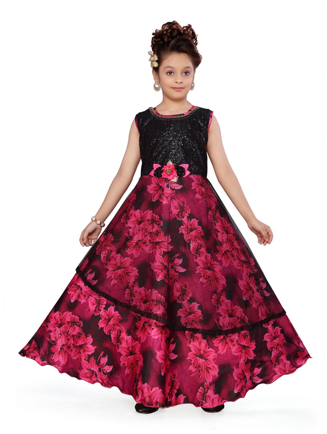 

Aarika Girl s Silk Floral Sleeveless Gown - Pink