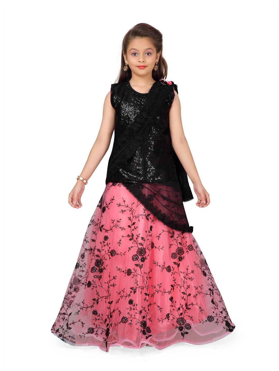 

Aarika Girl s Net Self design Sleeveless Lehenga choli - Black