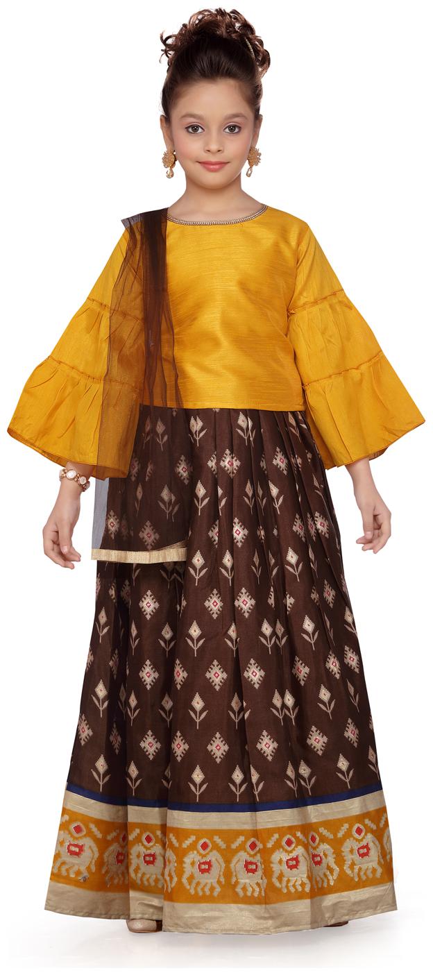 

Aarika Girl s Silk Solid 3 4th sleeves Lehenga choli - Yellow