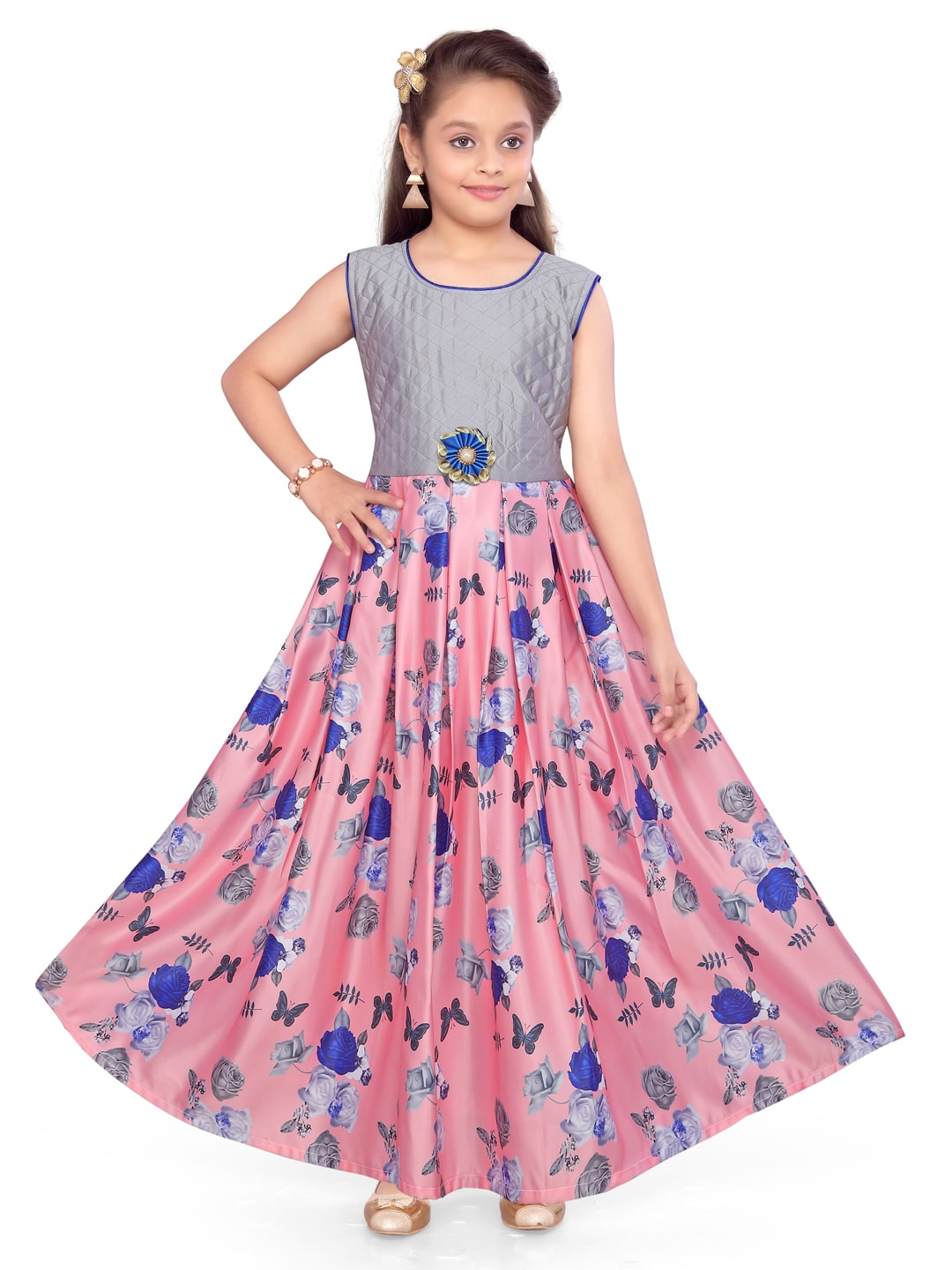 

Aarika Girl s Silk Floral Sleeveless Gown - Orange