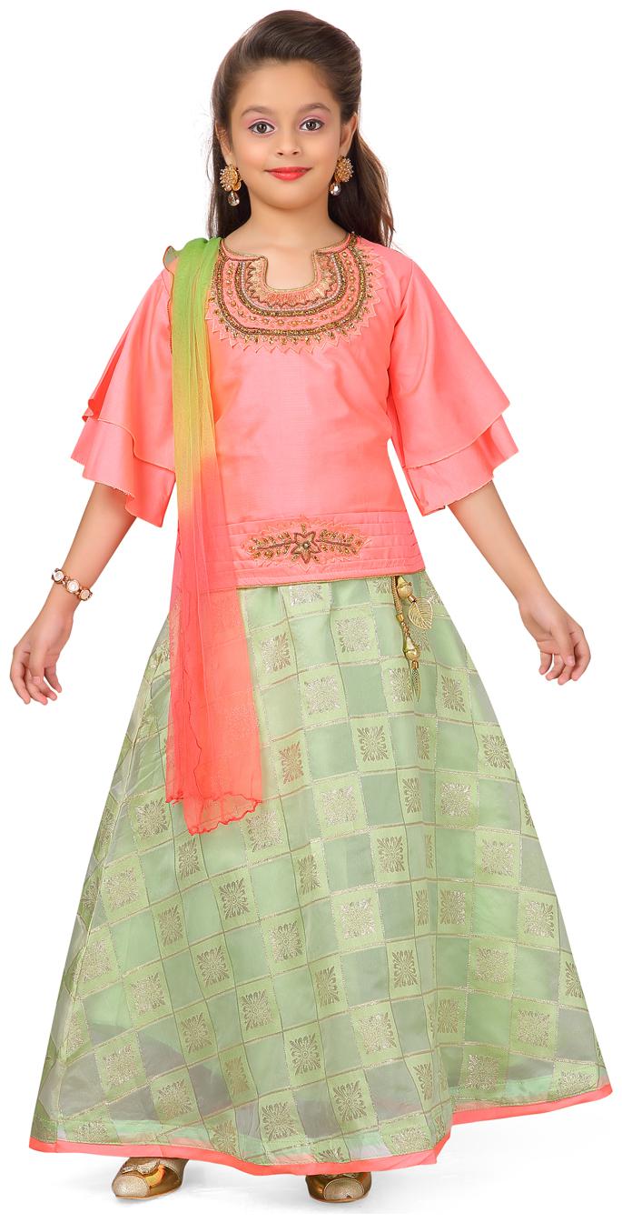 

Aarika Girl s Silk Self design 3 4th sleeves Lehenga choli - Orange