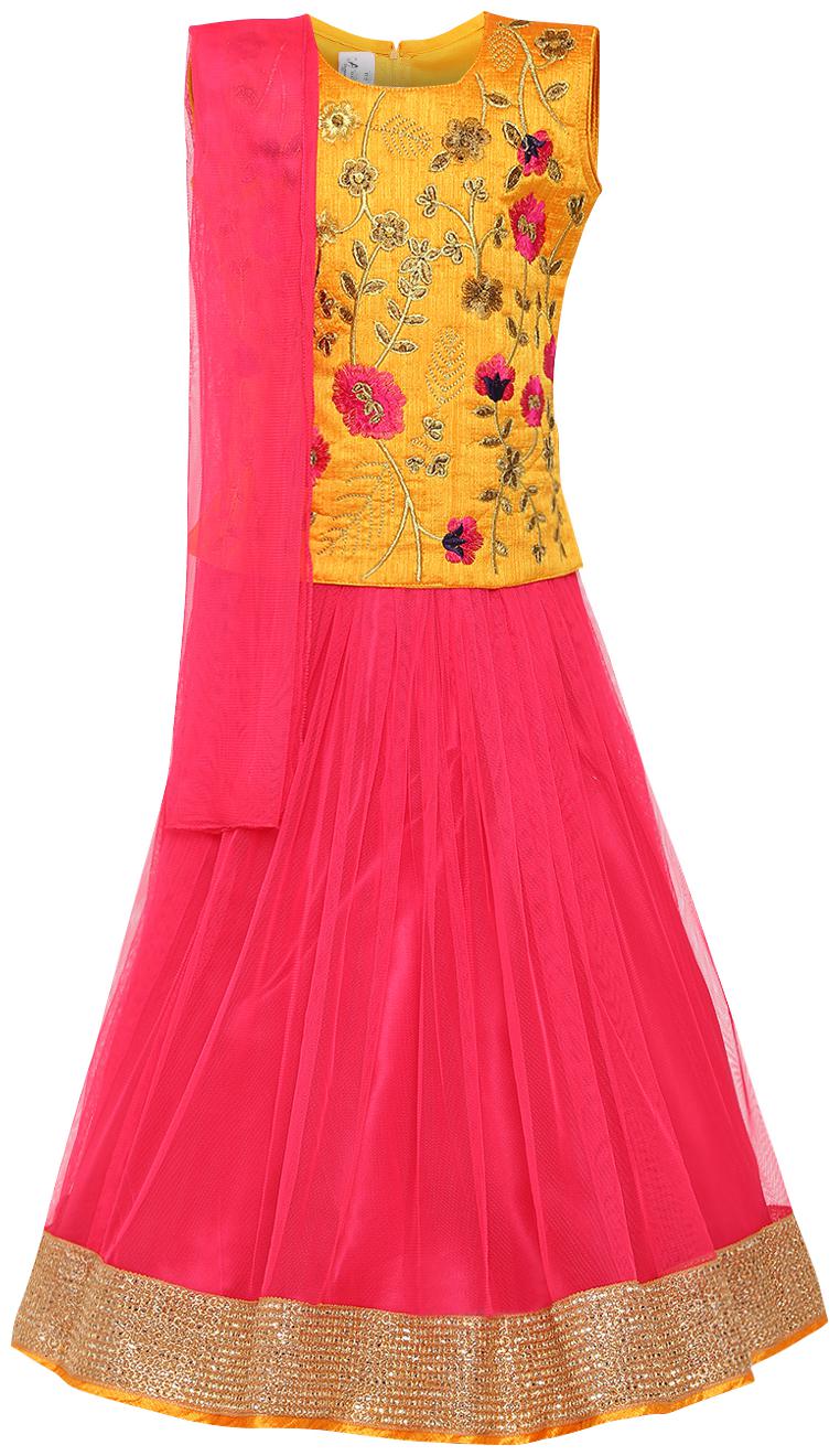 

Aarika Girl s Silk Lehenga Choli Dupatta Set (Yellow Pink)